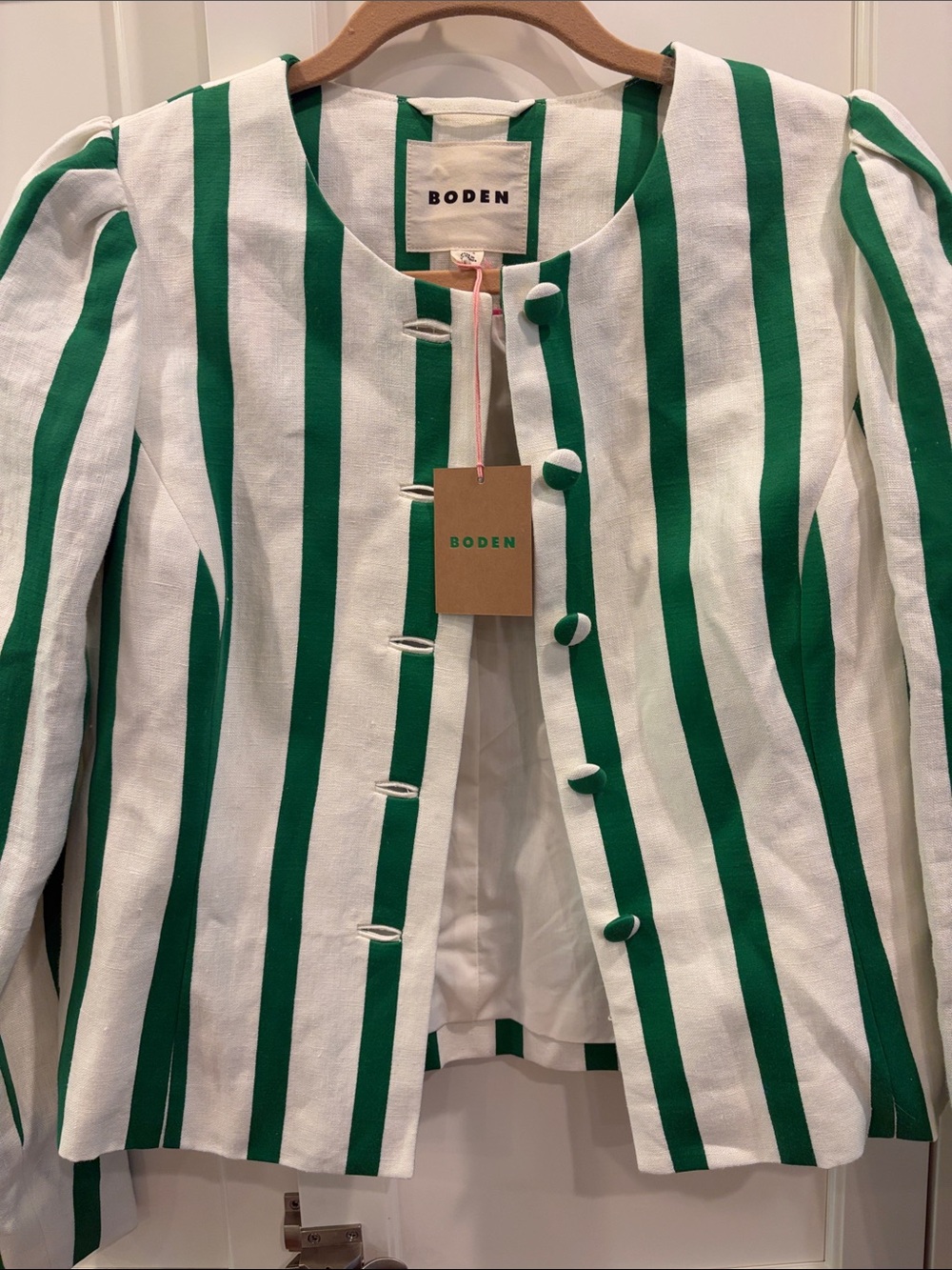 Boden Green and White Striped Collarless Blazer - Picture 4 of 4
